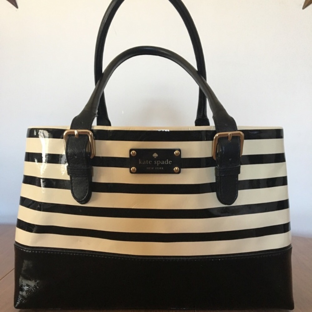 Kat Spade Black and Cream Striped Handbag EUC